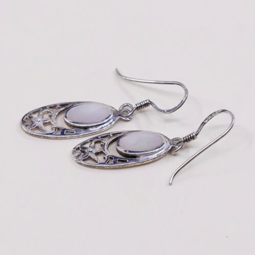 Vtg Sterling Silver Handmade Earrings, 925 Silver Mop dangle W/ Bali filigree