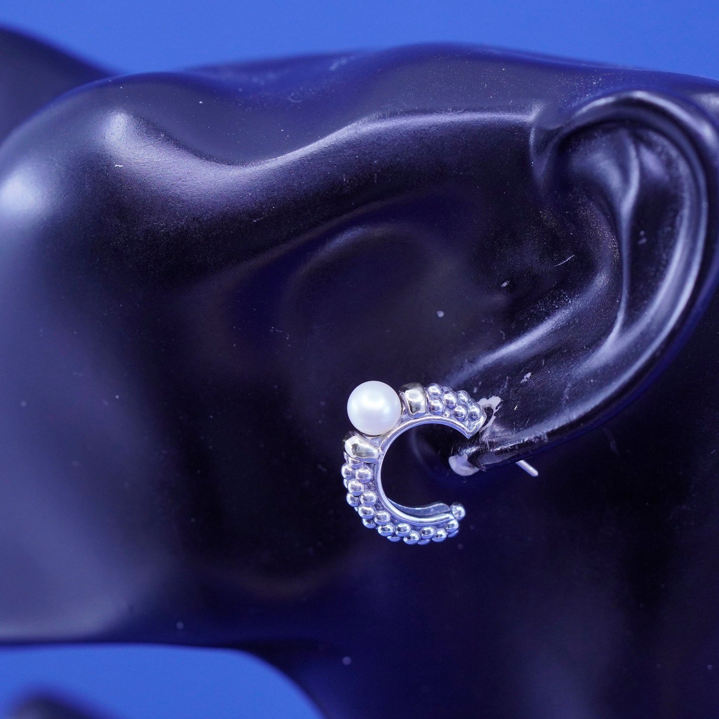 0.75” Lagos 18K gold 750 Sterling 925 Silver Caviar Huggie Earrings Studs pearl