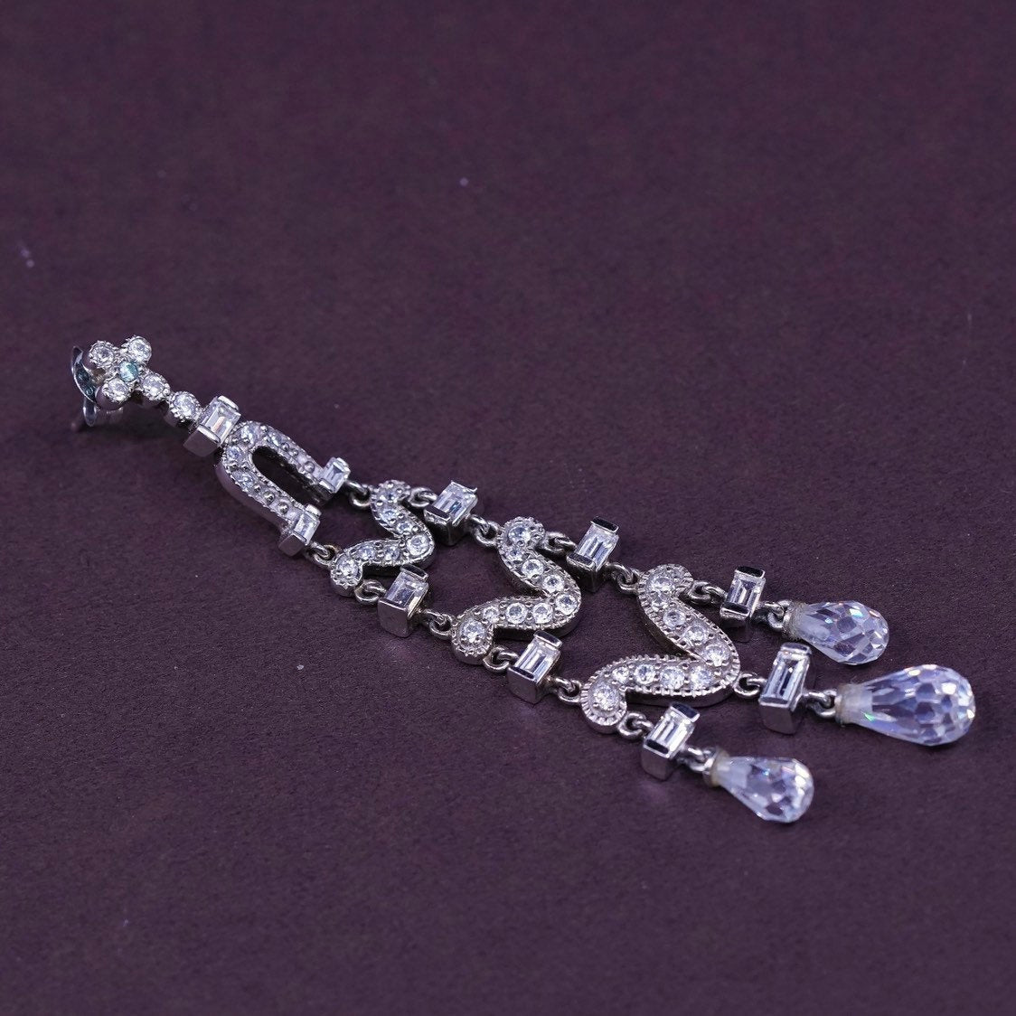 vtg CC Sterling silver handmade earrings, 925 w/ teardrop Swarovski crystal