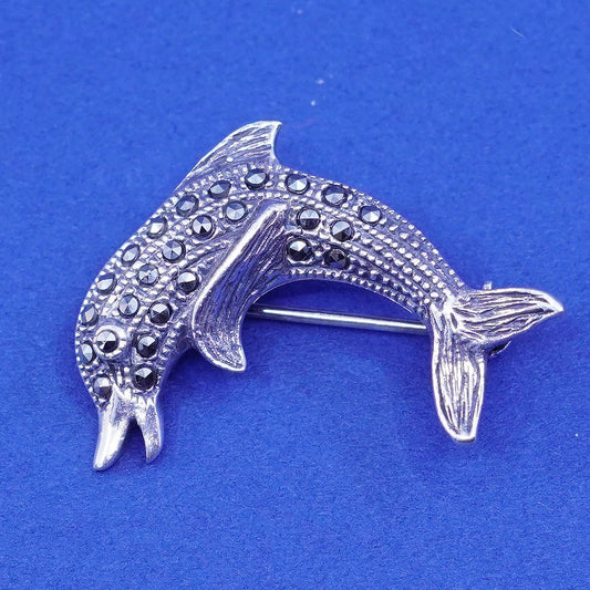 Vintage Sterling silver handmade brooch, 925 dolphin pin with marcasite