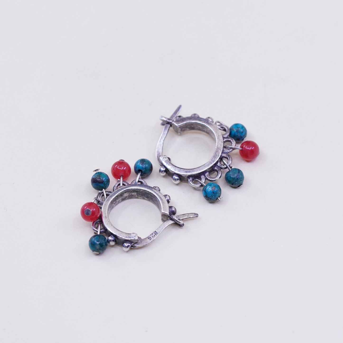 Sterling silver earrings, 925 hoops Huggie w/ cluster turquoise carnelian beads