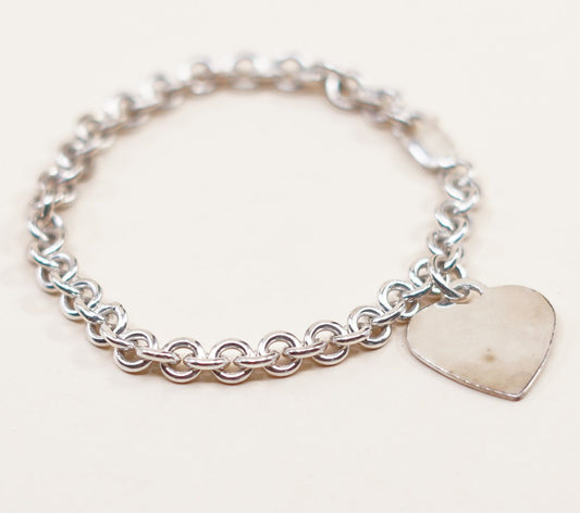 7.25”, VTG sterling silver circle link bracelet, circle chain w/ heart charm
