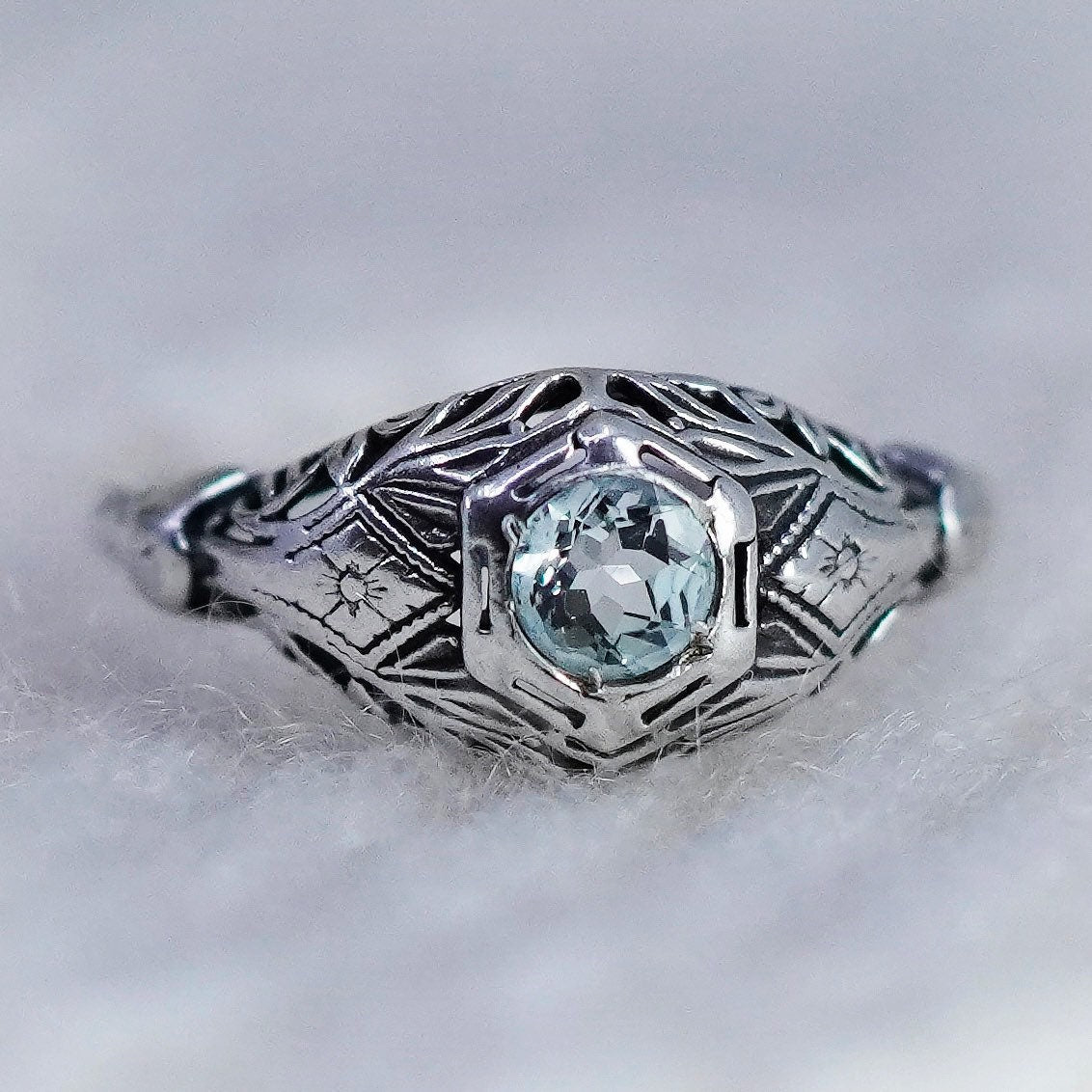 Size 5.5, vintage Sterling silver statement ring, 925 filigree band blue topaz