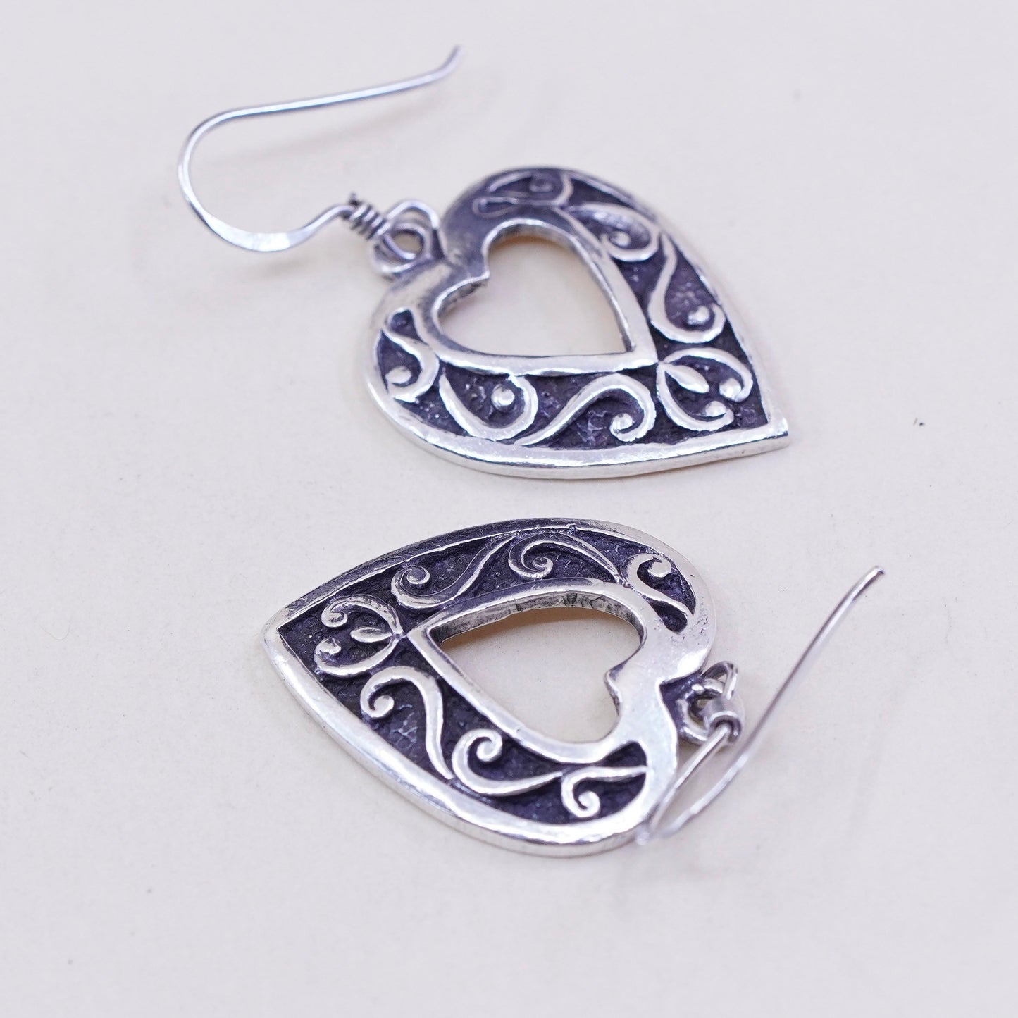 Vintage sterling silver handmade earrings, 925 heart with filigree embossed