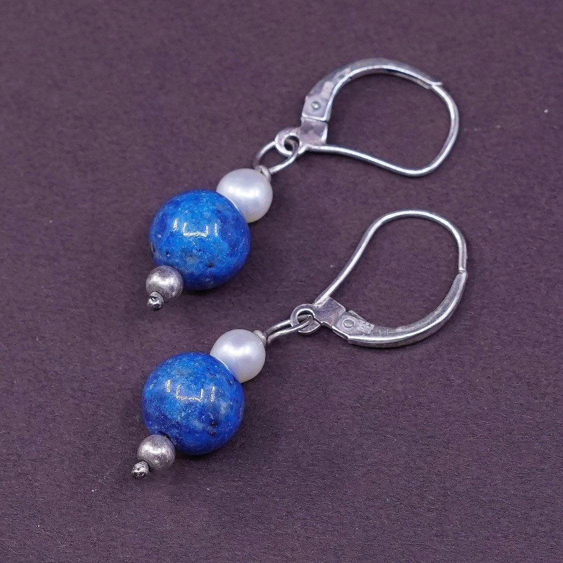 VTG Sterling silver handmade earrings, 925 w/ Sodalite and pearl beads dangle