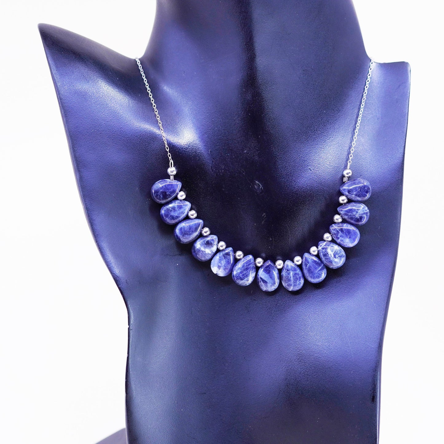 16”, sterling silver 925 necklace, circle chain with teardrop sodalite pendant