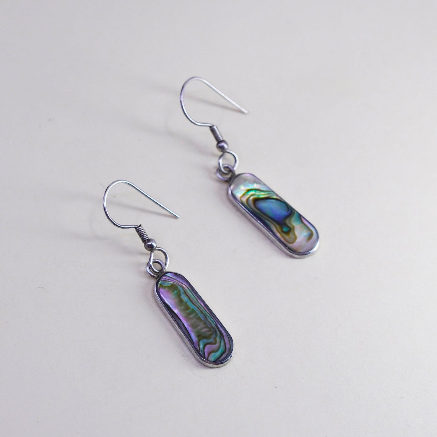 Vintage sterling silver handmade earrings, Mexico 925 rectangular with abalone