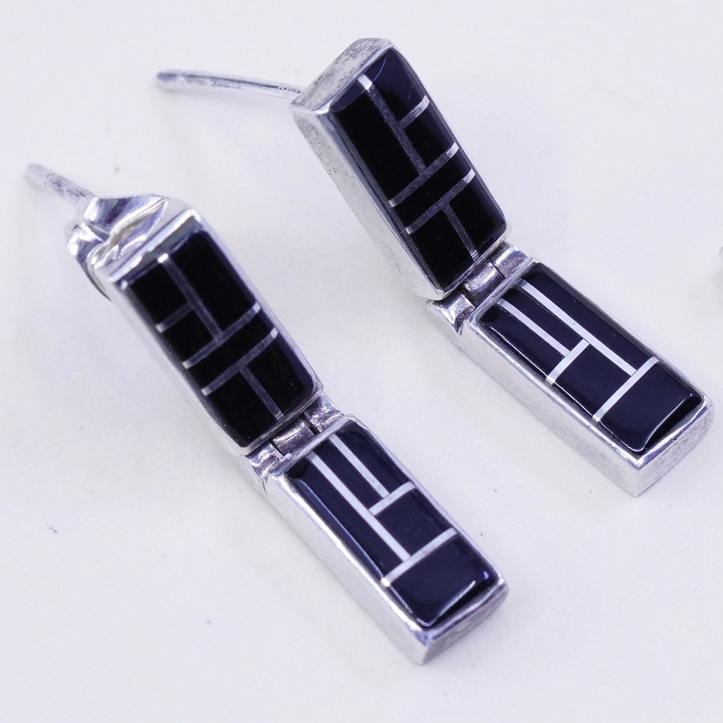 Native American zuni 925 silver handmade earrings with onyx inlay