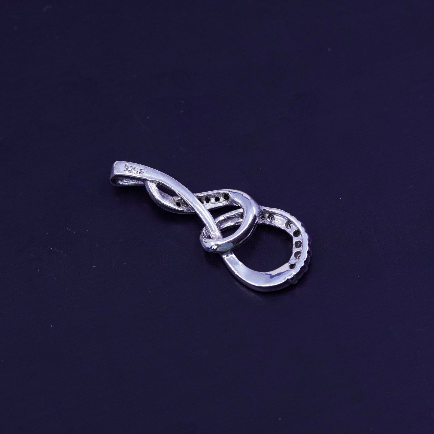 Vintage two tone sterling 925 silver pendant, entwined teardrop with diamond