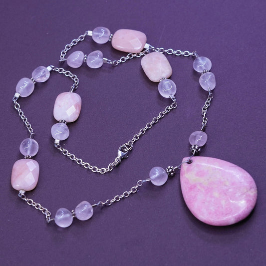 20”, sterling silver necklace, 925 circle chain teardrop rose quartz pendant