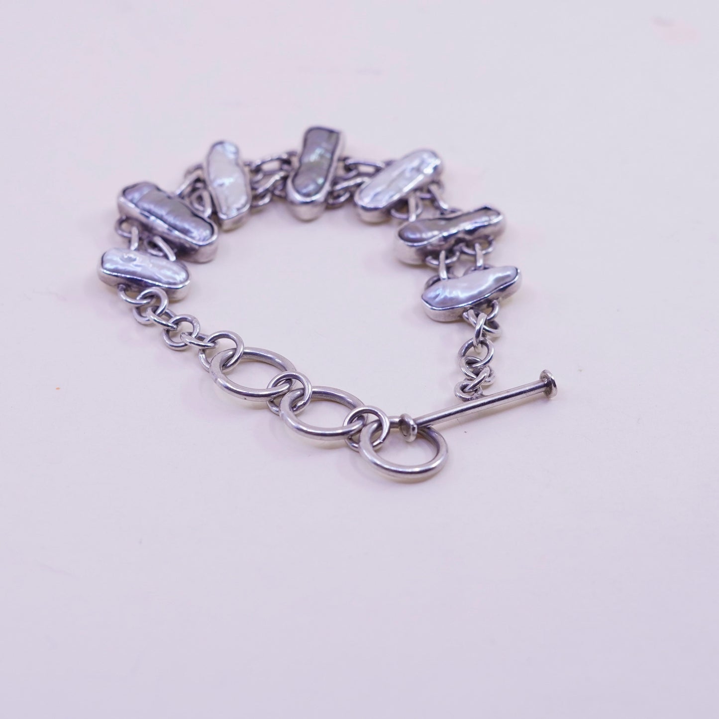 6.5+1”, handmade Sterling 925 silver bracelet with long pearl toggle closure