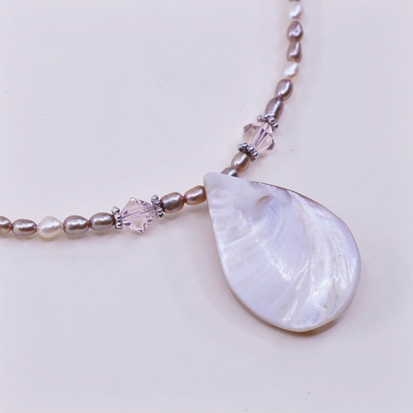 16+2” Sterling 925 silver necklace pearl beads teardrop mother of pearl pendant