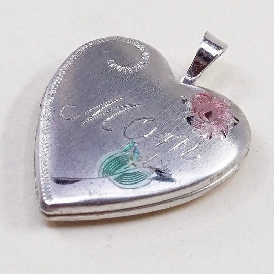 VTG sterling silver heart photo locket charm, 925 pendant embossed “mom”