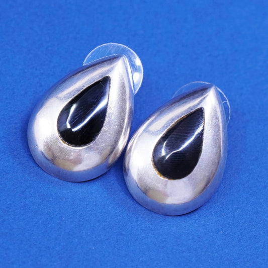 vtg sterling silver handmade earrings, 925 Teardrop studs w/ onyx