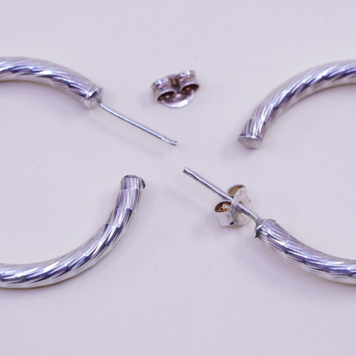 1.25” Vintage sterling 925 silver earrings, textured minimalist primitive hoops