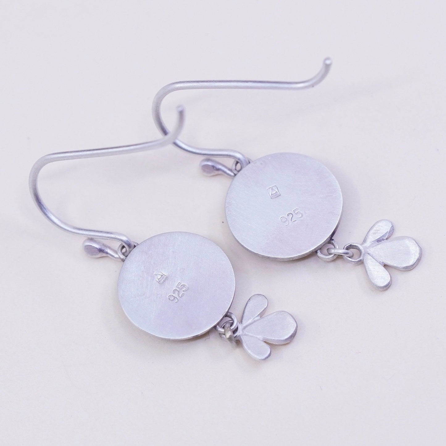 Designer Ananda KHALSA Sterling 925 silver handmade earrings, watercolor blue bird with purple plum flower, stamped 925 A
