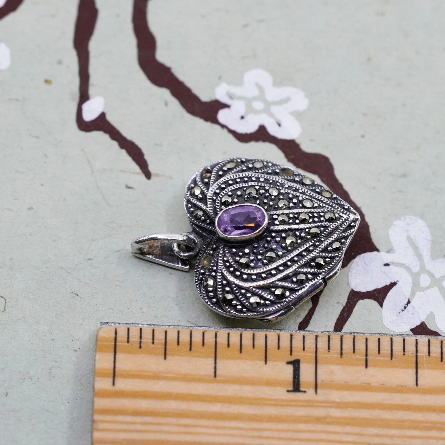 Sterling silver handmade pendant, 925 heart locket charm amethyst Marcasite