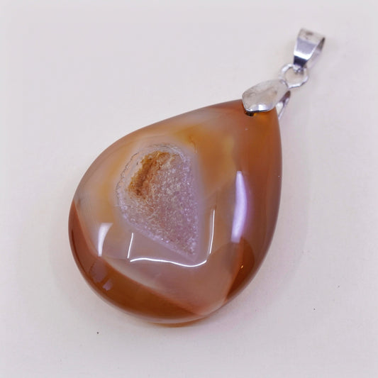 Vintage huge sterling 925 silver handmade teardrop pendant with Druzy agate