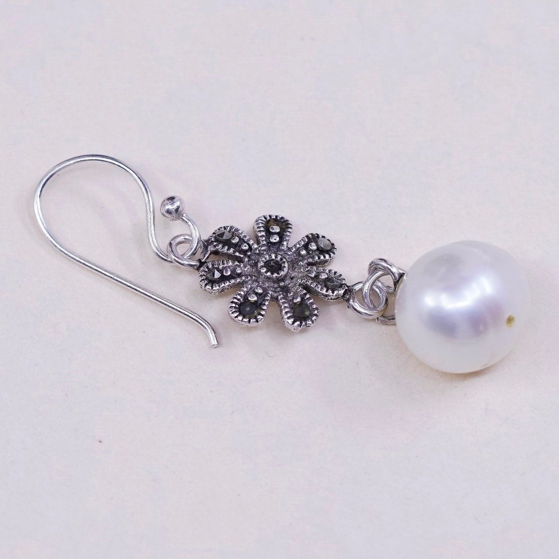 vtg Sterling silver handmade earrings, 925 flower w/ Marcasite n pearl beads