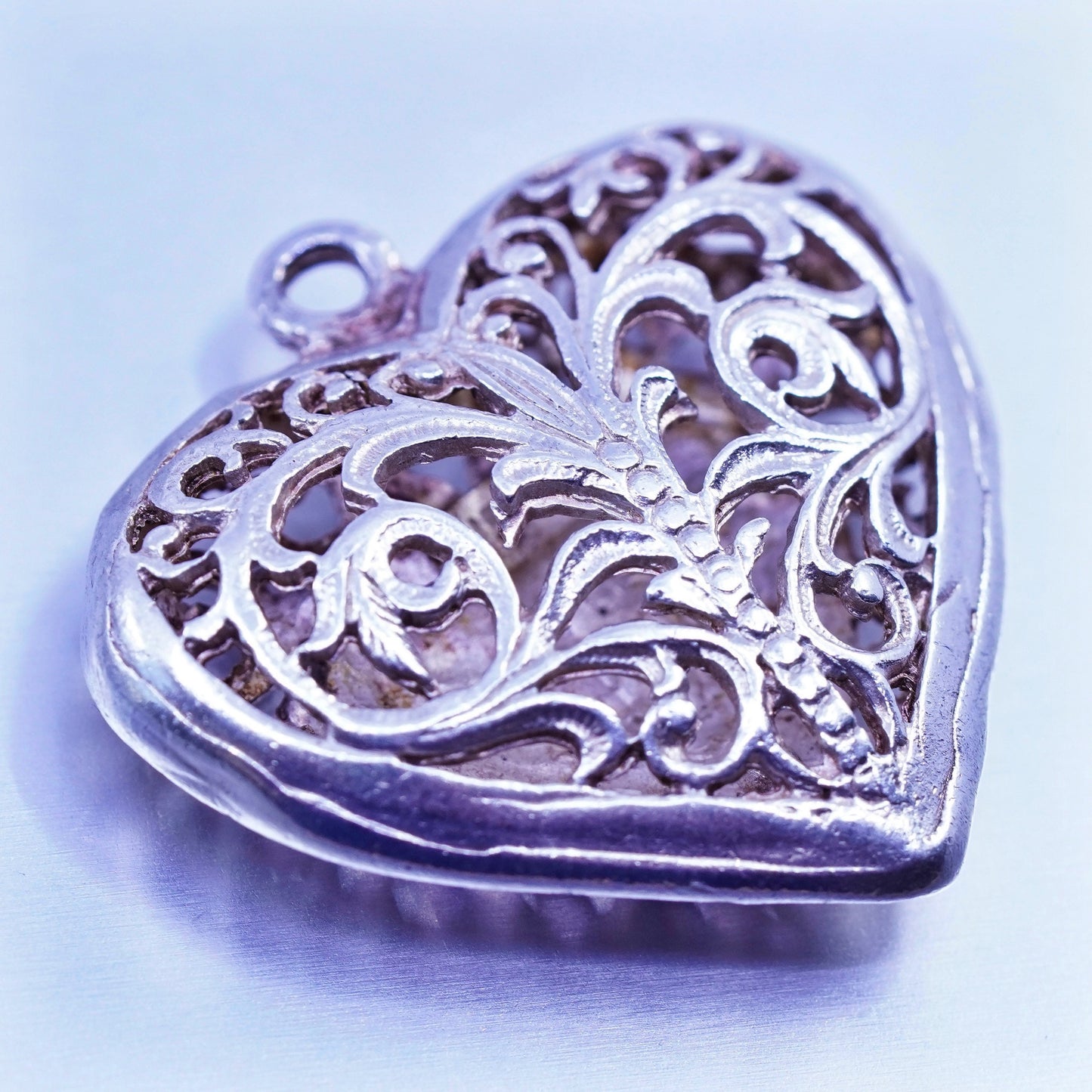 antique sterling 925 silver filigree puffy heart pendant charm