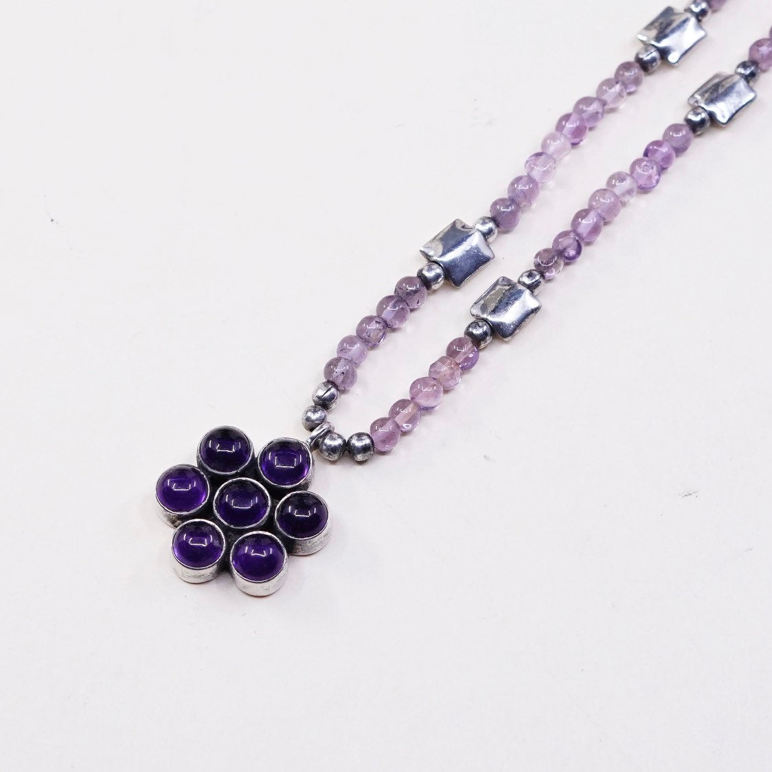 16”, vtg Sterling silver beads handmade necklace N amethyst flower pendant