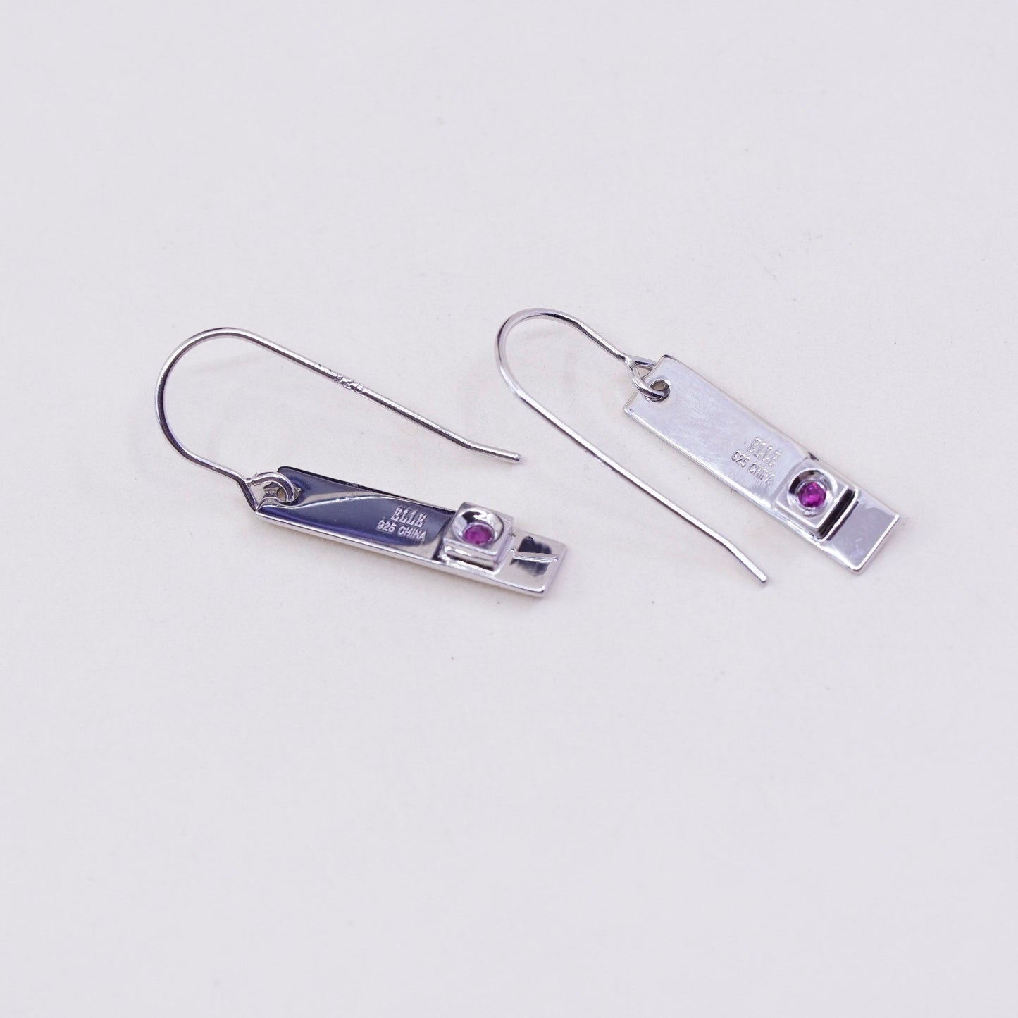 1”, Elle sterling 925 silver earrings, rectangular dangle w/ ruby embossed Hope