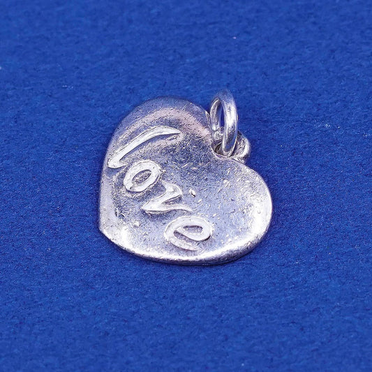 vtg sterling silver handmade pendant, 925 heart charm Embossed “love”