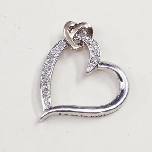 Vintage Vermeil Sterling silver pendant, 925 Double Heart W/ Diamond