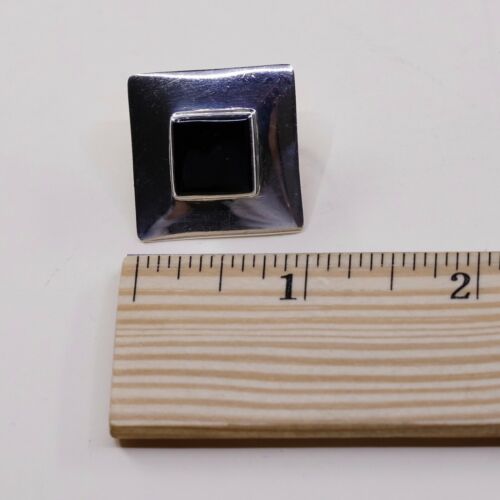 Vtg Mexico Square Sterling Silver Clip on Black Obsidian Earrings, Stamped 925