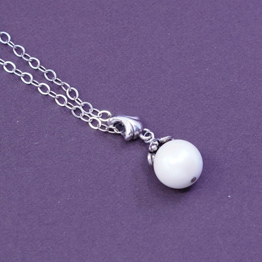 15+2”, sterling silver handmade necklace, 925 circle chain w/ pearl pendant