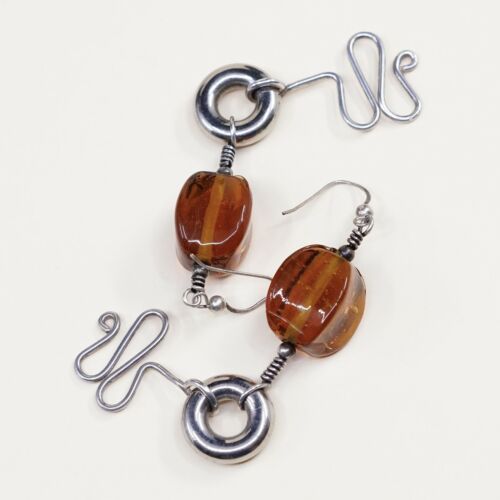 Vtg Sterling Silver Handmade Amber earrings, 925 silver dangles,