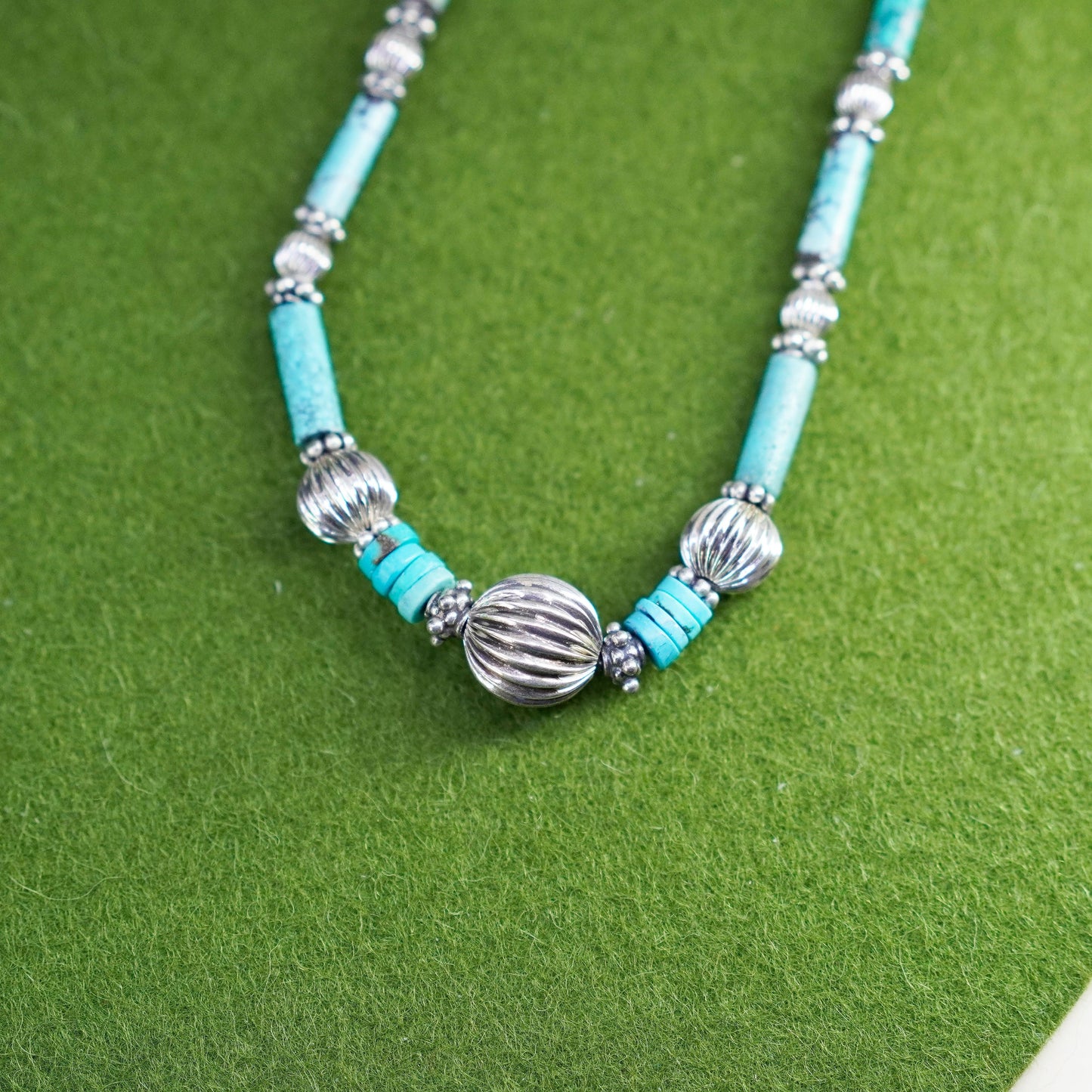 18”, Native American Navajo Sterling necklace, 925 silver beads turquoise tubes