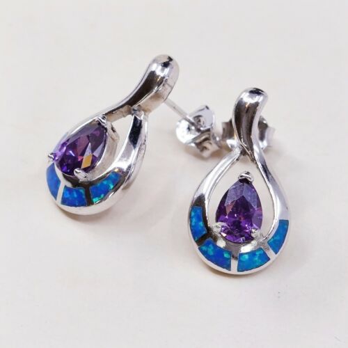 Vtg Sterling Silver Handmade Earrings, 925 Silver Studs W/ Amethyst N Opal