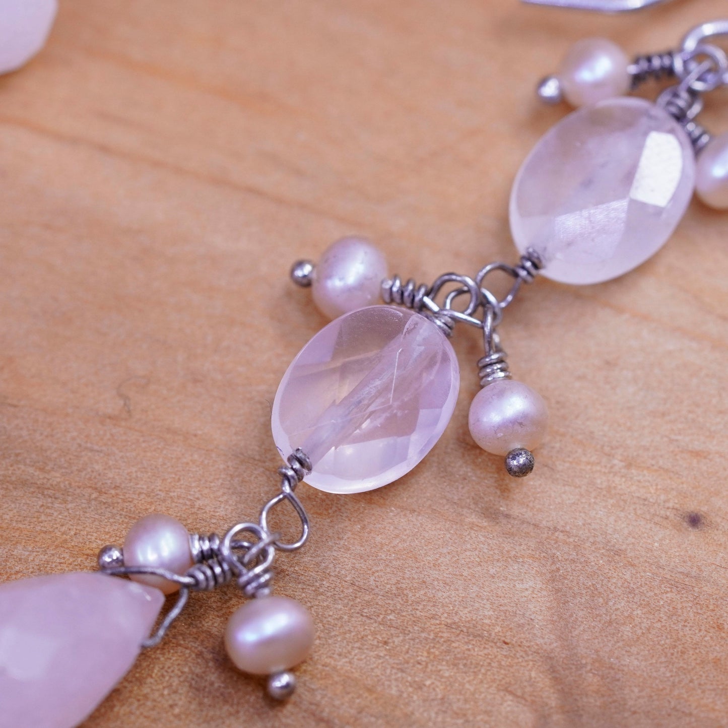 Vintage Mexico Sterling 925 silver handmade earrings w/ pink rose quartz pearl