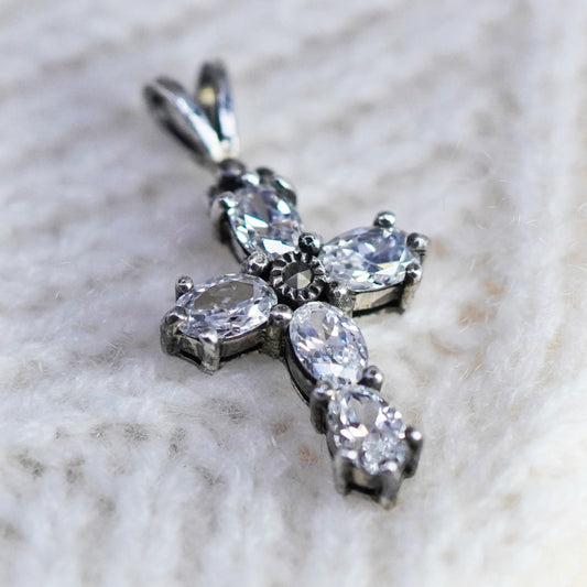 Vintage handmade Sterling silver pendant, 925 cross with marcasite and cz