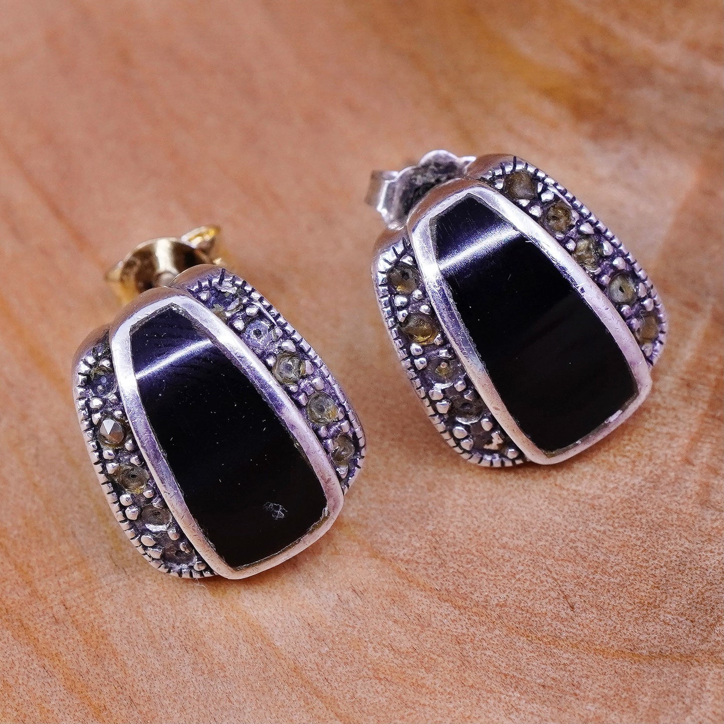 vtg Sterling silver handmade earrings, 925 studs w/ obsidian N Marcasite studs