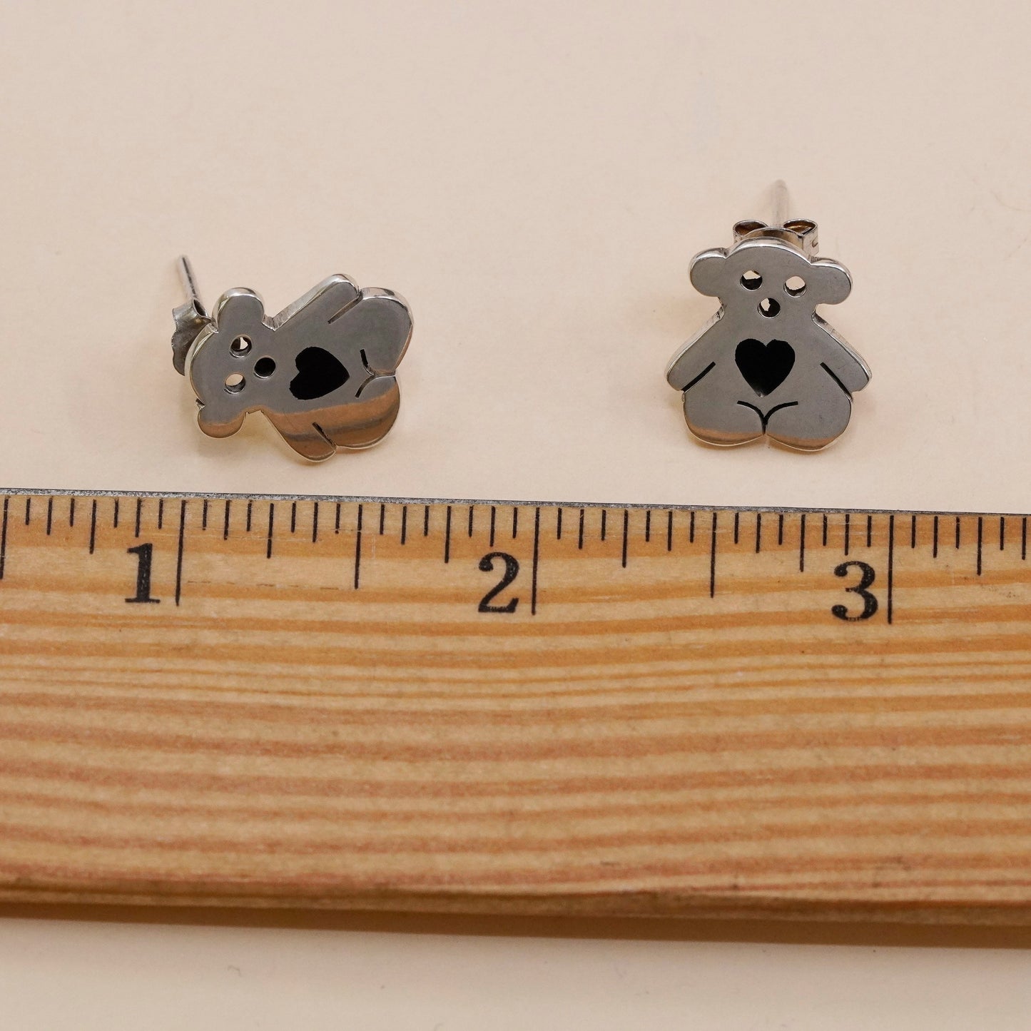 Southwestern sterling silver handmade earrings, 925 bear studs heart enamel