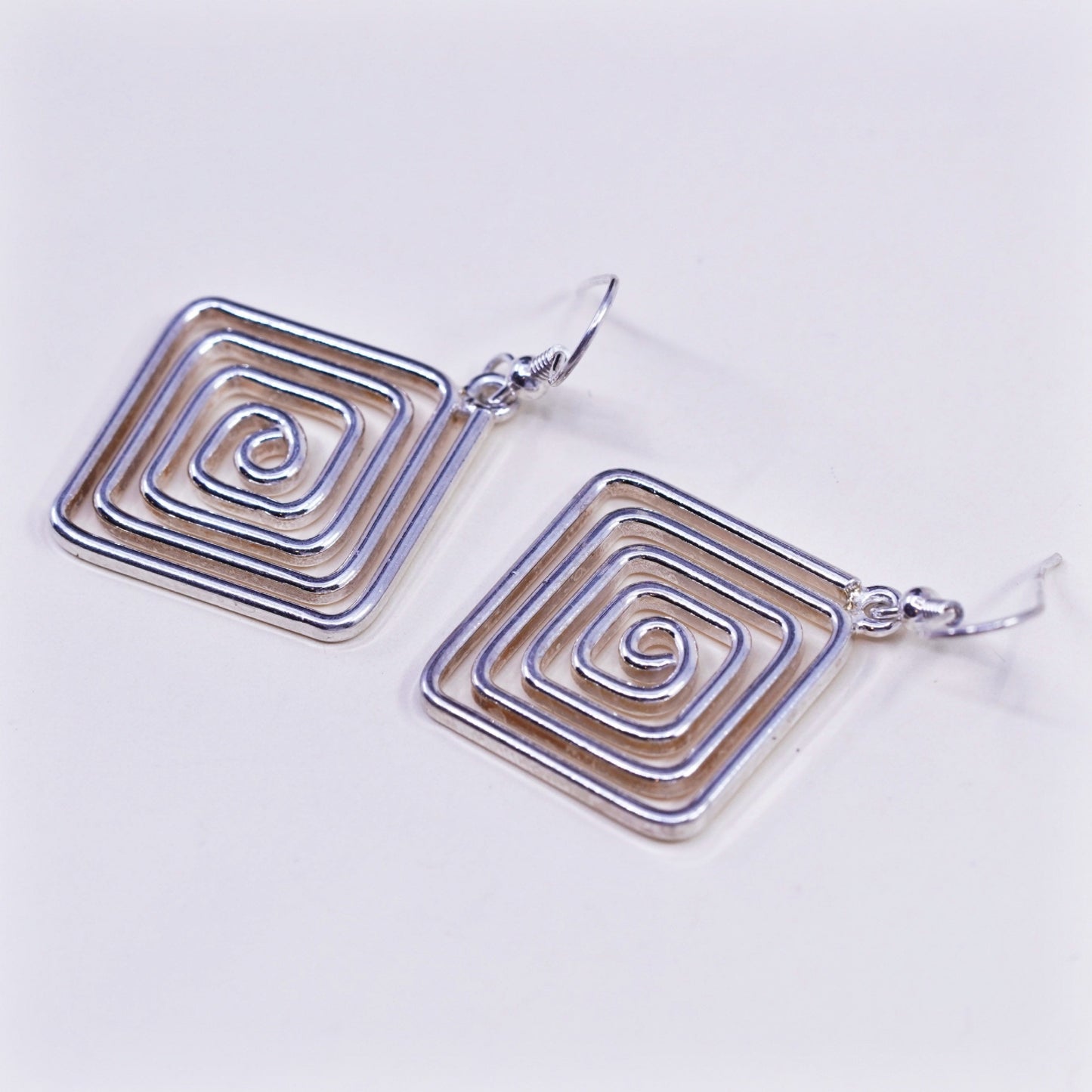 Vintage Sterling silver handmade earrings, modern square 925 swirl drop