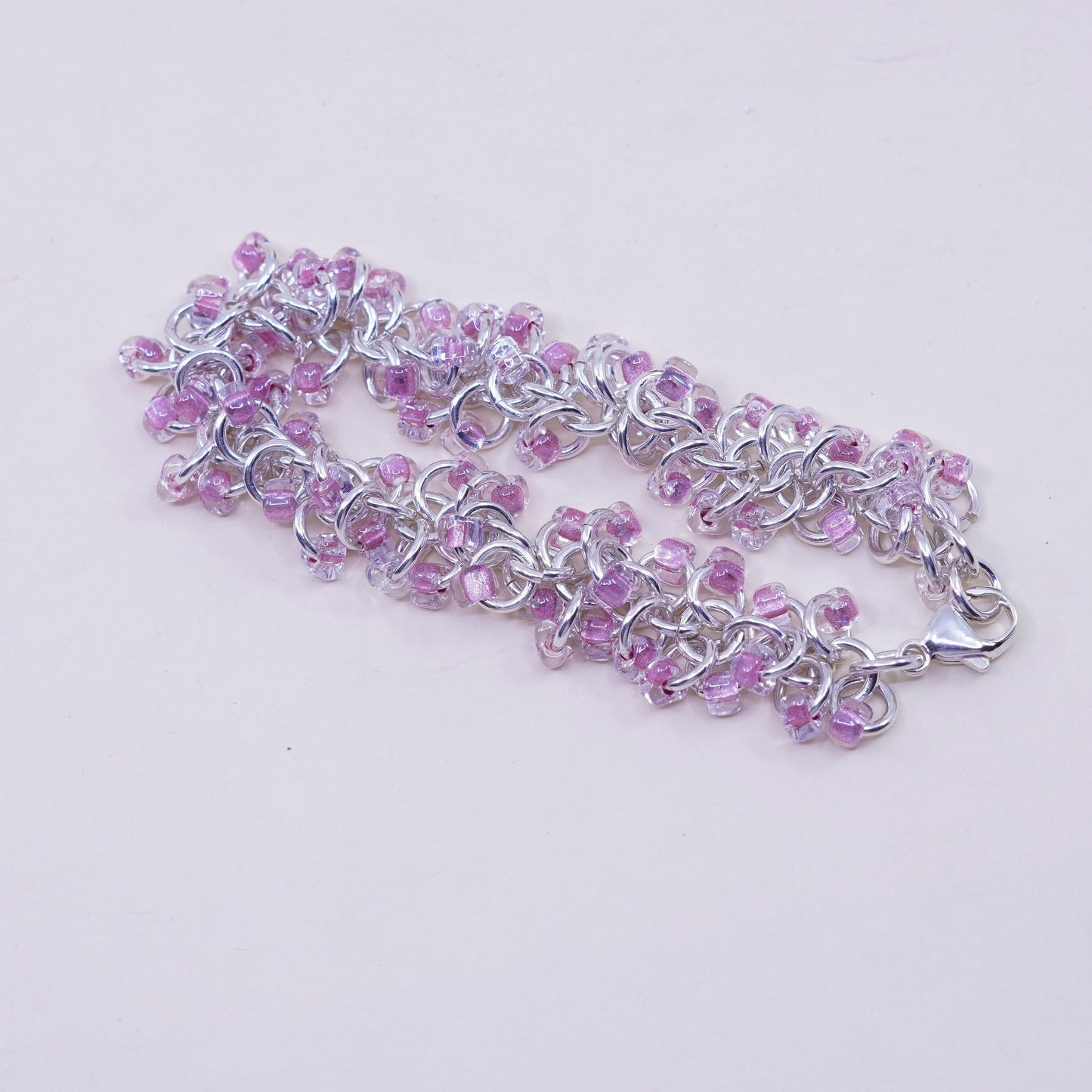 6.75”, Vintage sterling silver bracelet, 925 circle chain cluster pink beads