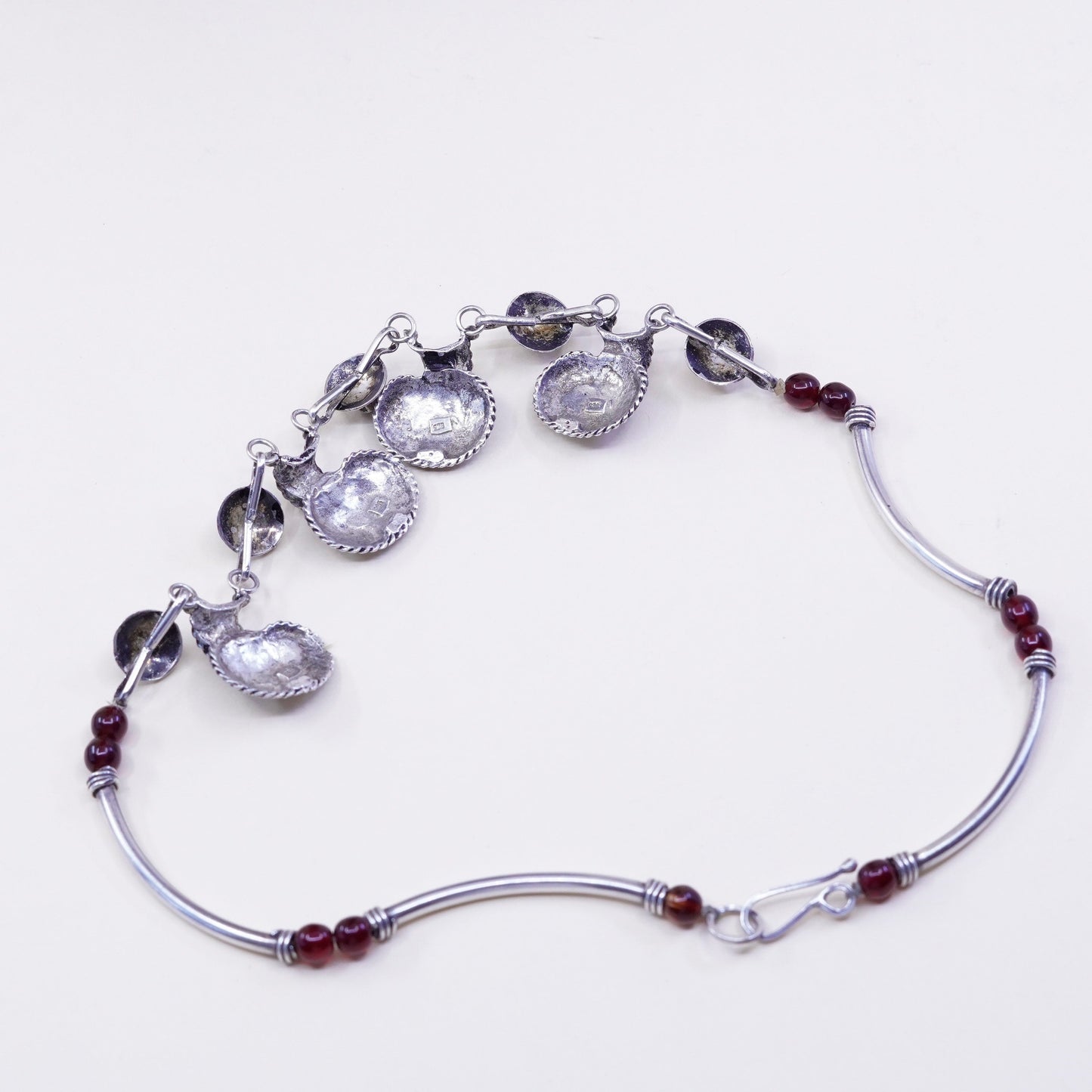 16”, unique sterling silver handmade necklace, 925 bar chain garnet pendant