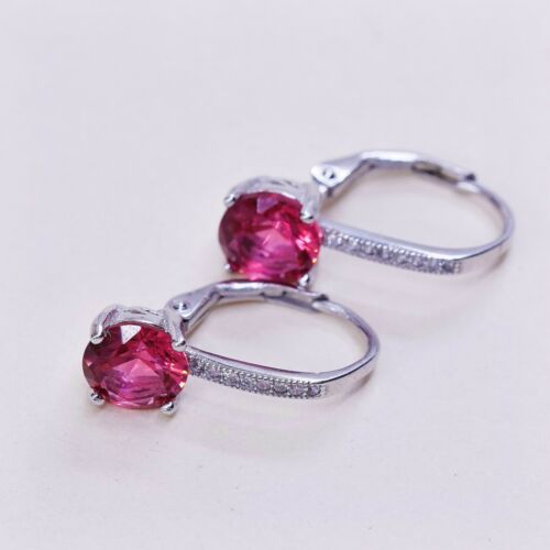 Vtg STERLING SILVER earrings W/ Round ruby dangles N Cz Around, Stamped 925