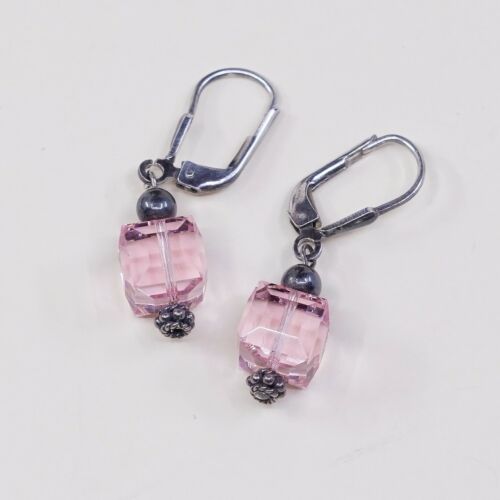 Vtg Sterling silver Handmade earrings w/ Pink Crystal Beads, Stamped 925