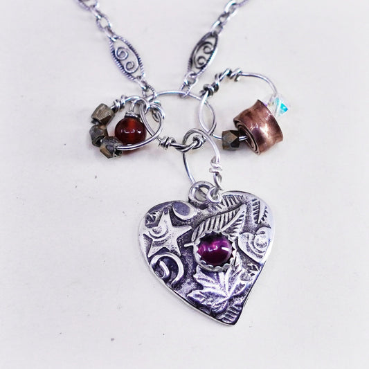 16”, sterling silver handmade necklace, 925 filigree chain garnet heart pendant