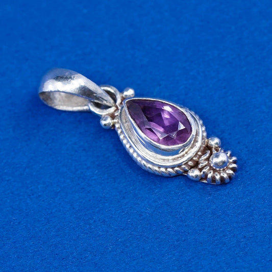 vtg sterling silver handmade pendant, solid 925 silver with teardrop amethyst