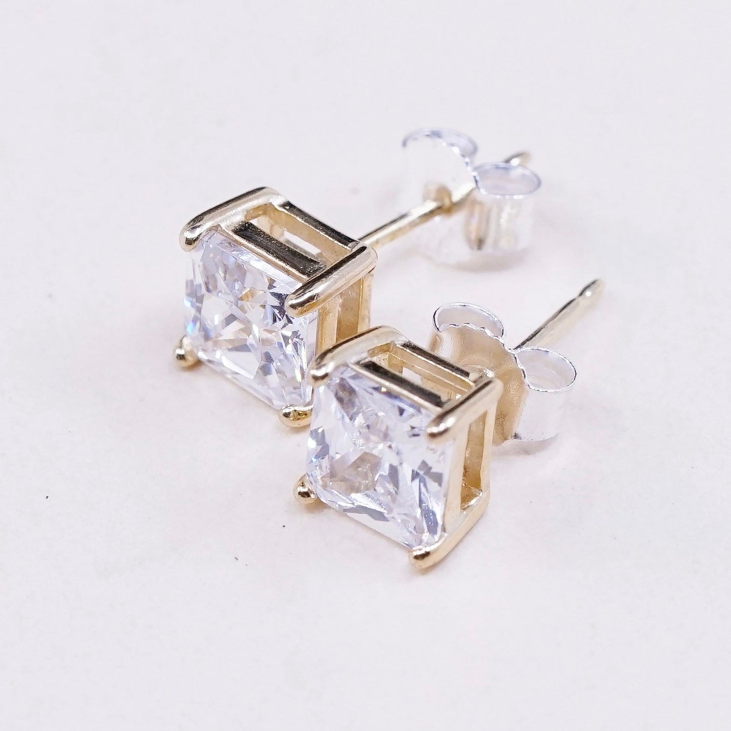 vtg vermeil gold over sterling silver square CZ studs, minimalist earrings