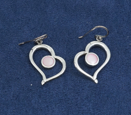 vtg Sterling silver handmade earrings, 925 heart drops w/ pink mother of pearl