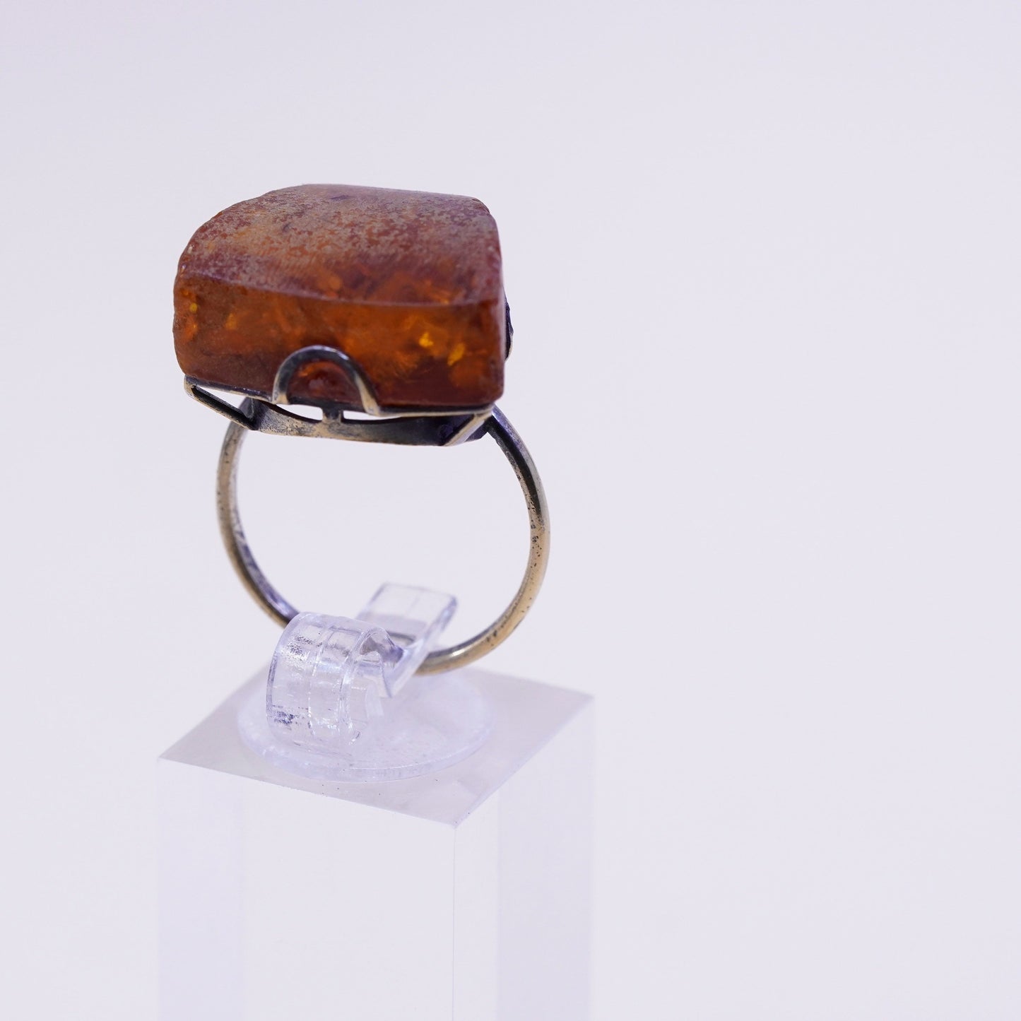 Size 7.5, Soviet Union USSR 875 silver 18k natural Baltic amber ring modernist