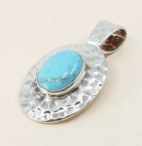 Vintage Sterling Silver Handmade Pendant, Hammered 925 W/ Oval Turquoise, Signed