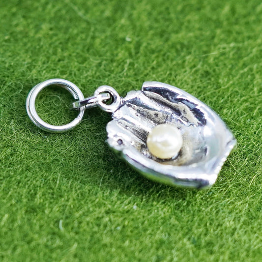 Vintage Sterling 925 silver baseball glove charm pendant with pearl ball