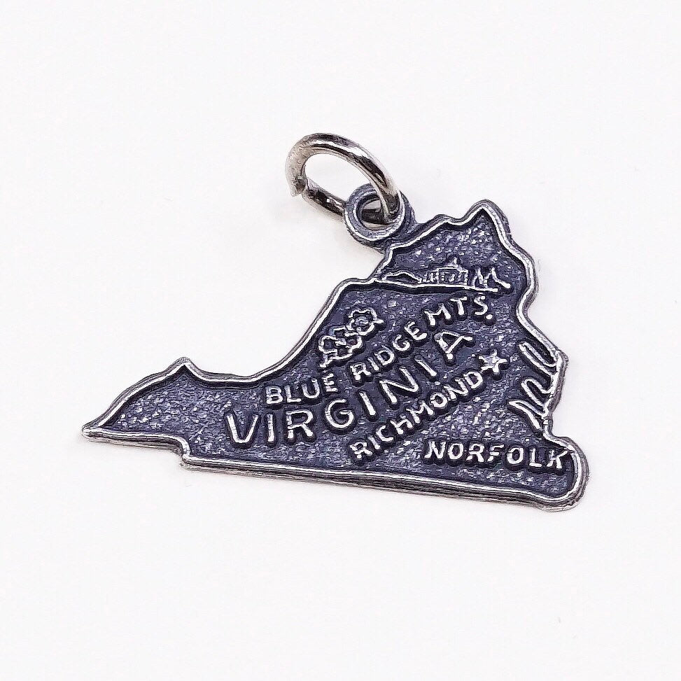 vtg sterling handmade traveler pendant, 925 silver Virginia state tag